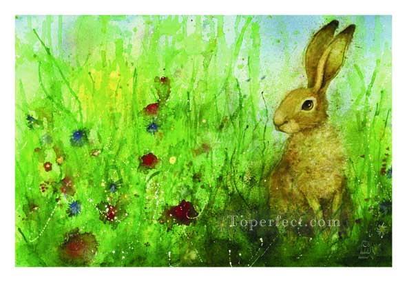 ウサギの花の草原油絵